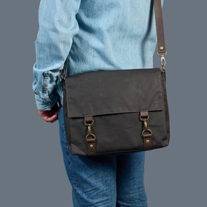 Dark grey waxed canvas messenger bag. Zip water resistant canvas and leather crossbody bag for laptop. Personalized Commuting Shoulder Bag. image 8