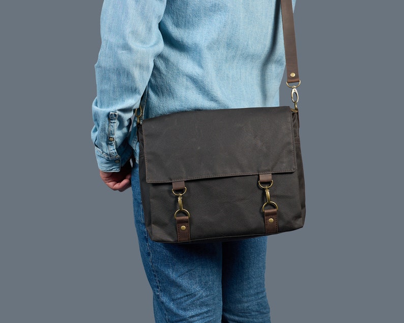 Dark grey waxed canvas messenger bag. Zip water resistant canvas and leather crossbody bag for laptop. Personalized Commuting Shoulder Bag. image 8