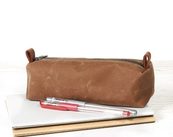 Brown waxed canvas pen case. Personalized canvas zippered pencil pouch. Handmade back to school gift. Custom college/school accessories.