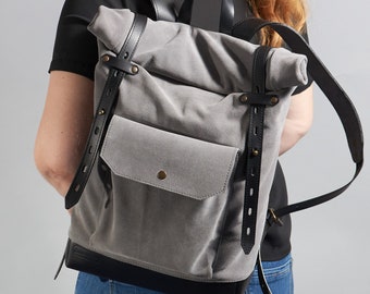 Grey suede leather backpack. Laptop rucksack for women for everyday. Roll top commuter backpack. Stylish urban bag for wife, daughter, mom