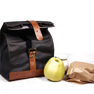Black lunch bag. Lunch box. Waxed canvas and leather lunch box. Personalized gift. Back to school. organizer bag image 2