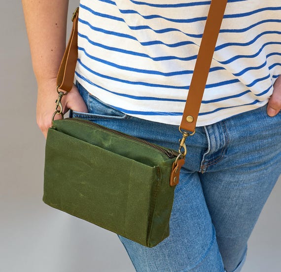 Small Zippered Waxed Canvas Crossbody Green Canvas Purse Zip