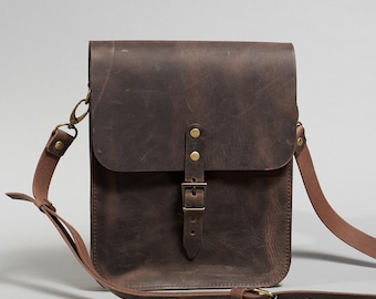 Brown leather crossbody bag for tablet. Men's saddle bag. Personalized anniversary gift. Handmade satchel.