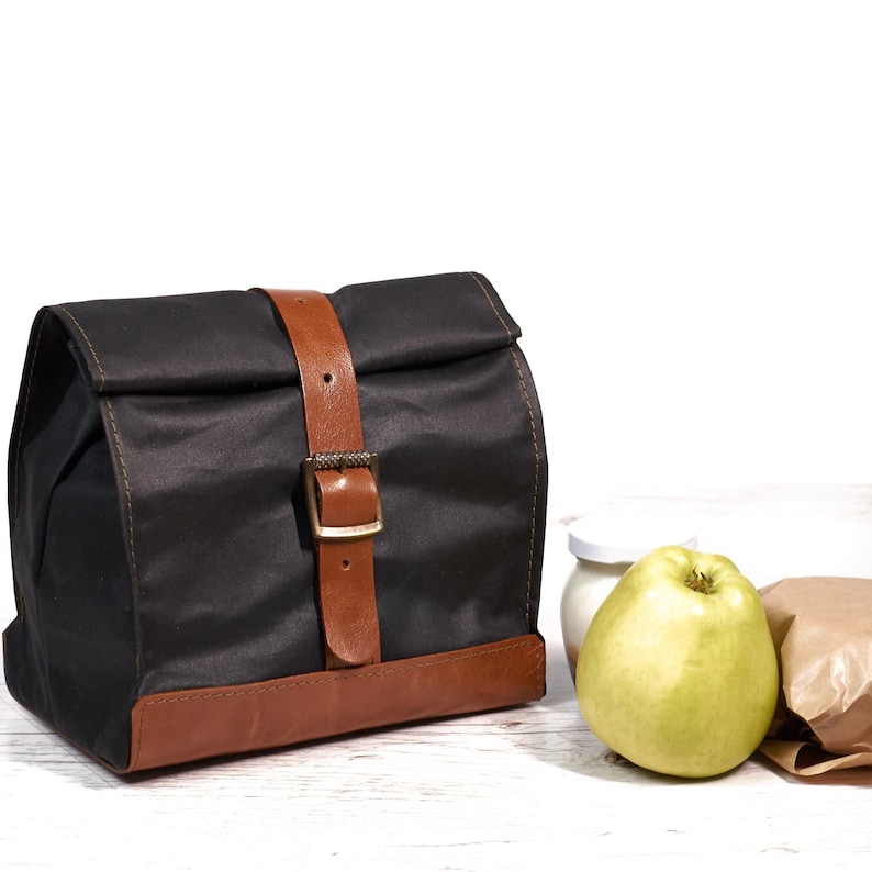 Black lunch bag. Lunch box. Waxed canvas and leather lunch box. Personalized gift. Back to school. organizer bag image 1