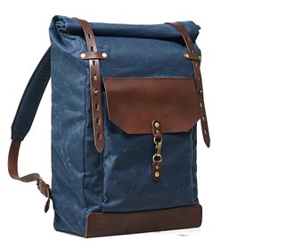 Waxed canvas backpack. Mens backpack with leather straps and base. Waterproof Laptop rucksack. Navy blue roll top canvas backpack for school