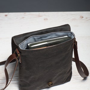 Waxed Canvas Tablet Messenger Bag. Brown Small Men's Crossbody Bag With ...