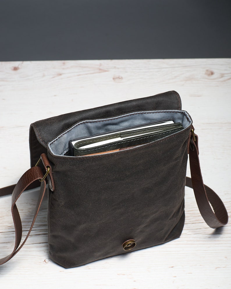 Waxed canvas tablet messenger bag. Brown small men's crossbody bag with leather strap. Water resistant vertical canvas bag for travel. image 3