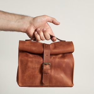 Leather lunch bag. Personalised leather bag. Shoulder leather bag. Leather snacks bag. Handmade Leather Handbag.