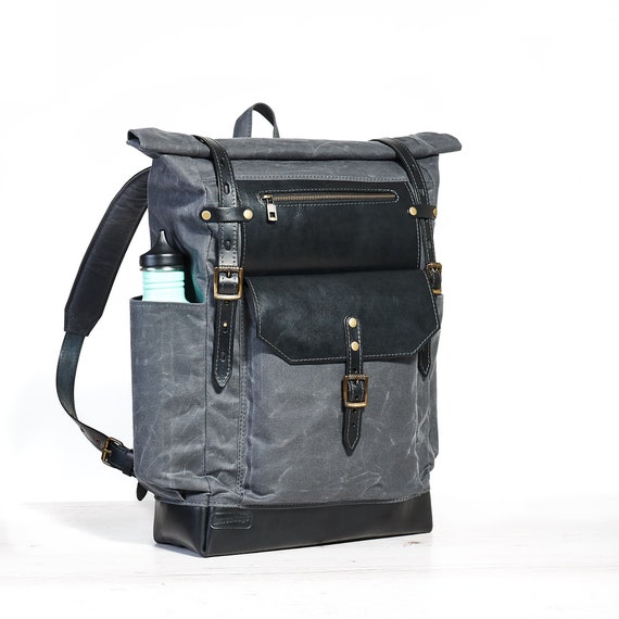 Rolltop Waxed Canvas Bag With a Laptop Slot. Canvas Travel Backpack for Men  / Women. Yoga Mat Rucksack With Zipper. Personalized Gift 