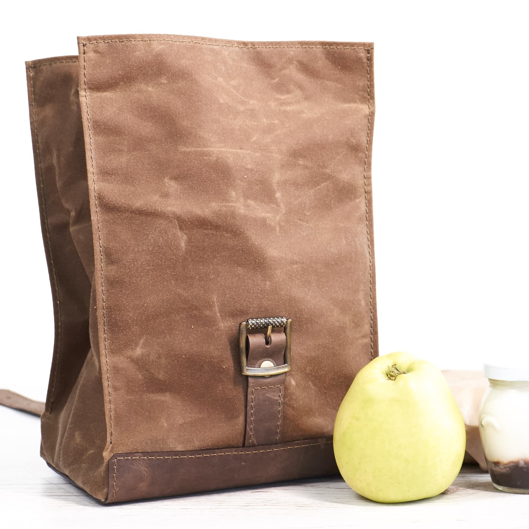 Brown lunch bag. Lunch box. School lunch bag. Waxed canvas and leather