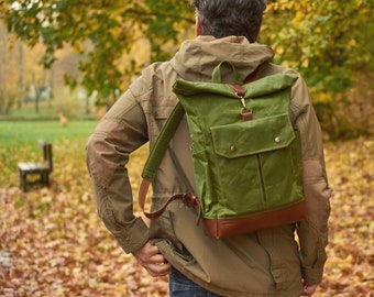 Sustainable backpack for the office.  Everyday carry bag. Green wax canvas leather rolltop school backpack for laptop. Personalized bag