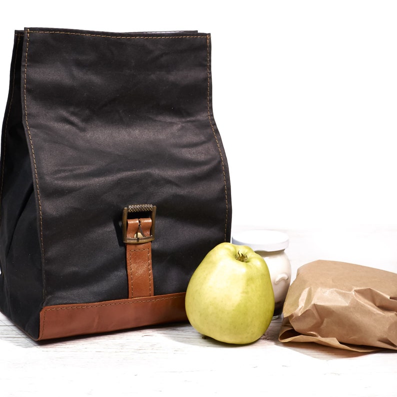 Black lunch bag. Lunch box. Waxed canvas and leather lunch box. Personalized gift. Back to school. organizer bag image 4