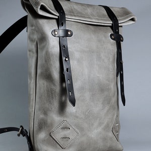 Grey Leather Roll Top Backpack. Minimalist Black and Grey Everyday ...