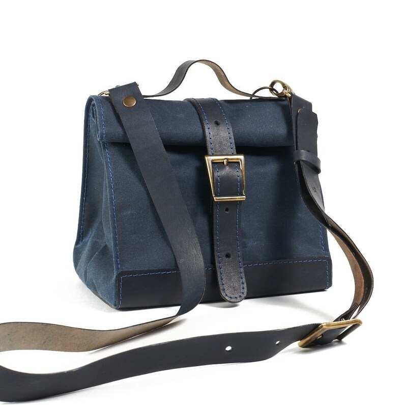 Canvas Leather Lunch Bag in Navy Blue. Waxed Canvas and Etsy Australia
