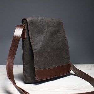 Waxed Canvas Tablet Messenger Bag. Brown Small Men's Crossbody Bag With ...