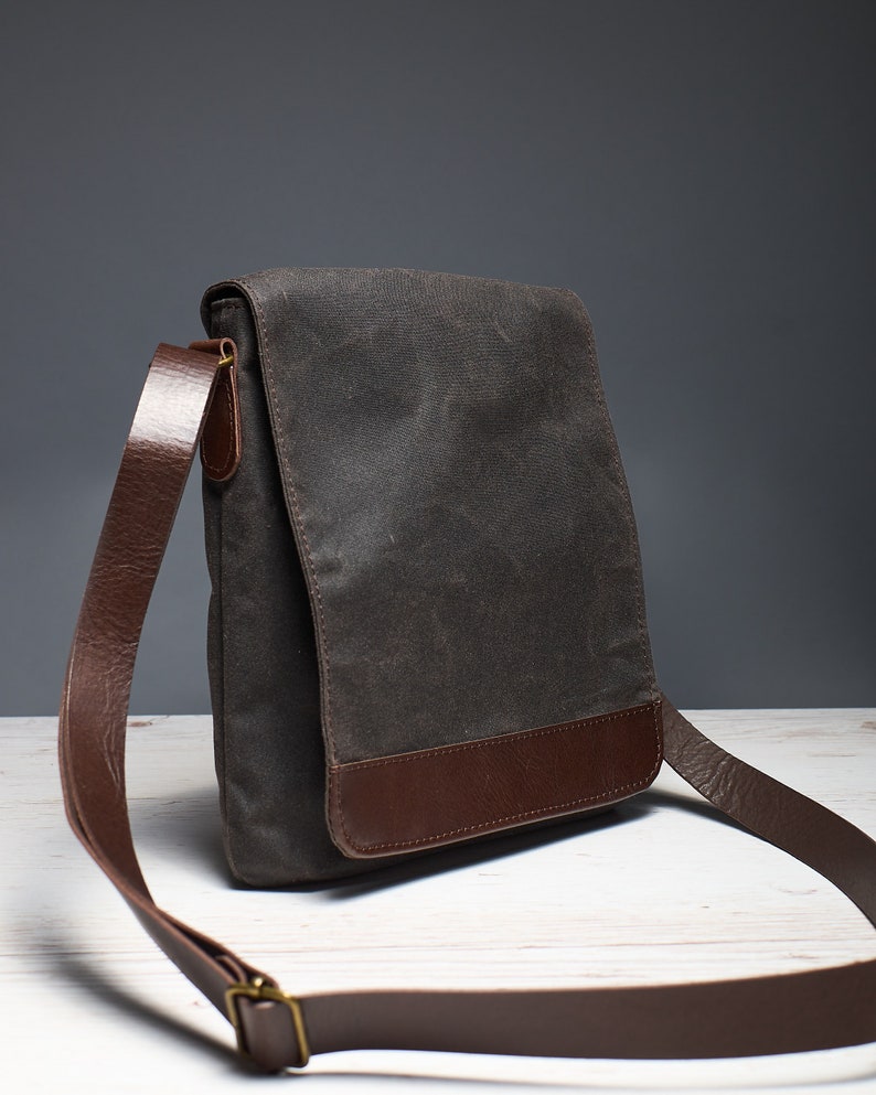 Waxed canvas tablet messenger bag. Brown small men's crossbody bag with leather strap. Water resistant vertical canvas bag for travel. image 2