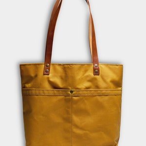 Yellow wax canvas and leather tote bag. Personalized canvas tote. Large waterproof minimalistic shopper. Customizable shoulder bag for work image 2