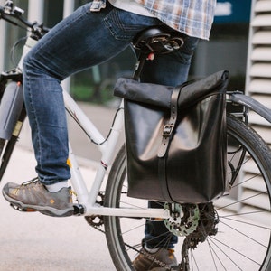 Leather pannier bag. Black leather and waxed canvas bag. Bicycle convertible pannier bag/backpack. Roll top backpack. Bike pannier.