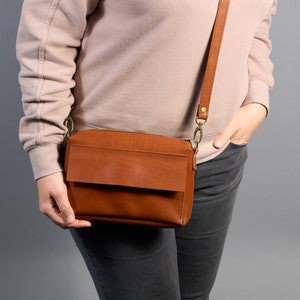 Leather crossbody bag for woman. Small tan purse with zipper. Leather mini bag with removable strap. Personalized Anniversary Gift for Her. image 2