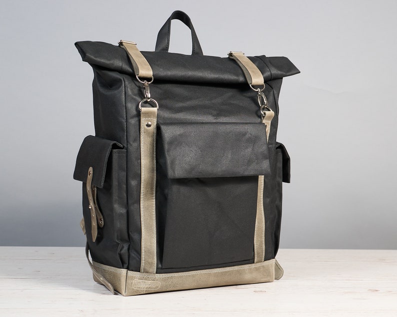 Black waxed canvas and leather commuter backpack. Waterproof Roll top rucksack for work & travel. Handmade laptop backpack. Custom daypack. image 5