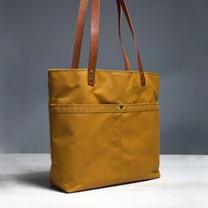 Yellow wax canvas and leather tote bag. Personalized canvas tote. Large waterproof minimalistic shopper. Customizable shoulder bag for work