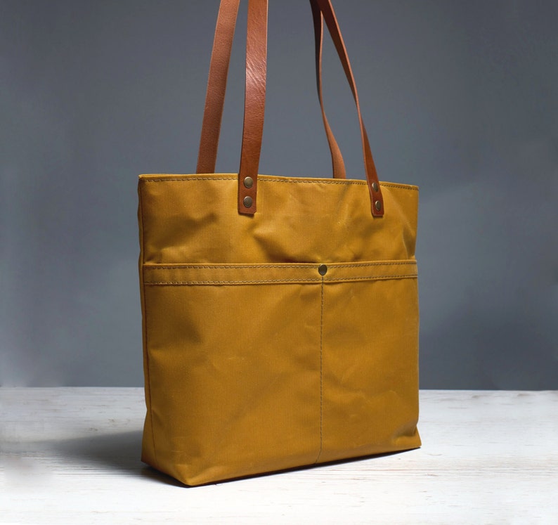 Yellow wax canvas and leather tote bag. Personalized canvas tote. Large waterproof minimalistic shopper. Customizable shoulder bag for work image 1