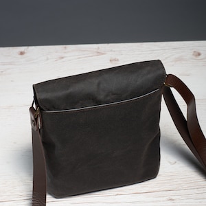 Waxed canvas tablet messenger bag. Brown small men's crossbody bag with leather strap. Water resistant vertical canvas bag for travel. image 4