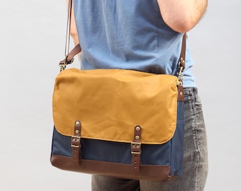 Waxed canvas and leather messenger bag. Bike commuter bag.