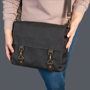 Dark grey waxed canvas messenger bag. Zip water resistant canvas and leather crossbody bag for laptop. Personalized Commuting Shoulder Bag. image 7