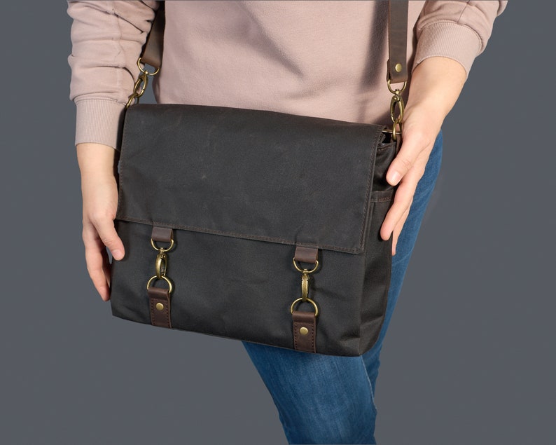 Dark grey waxed canvas messenger bag. Zip water resistant canvas and leather crossbody bag for laptop. Personalized Commuting Shoulder Bag. image 7