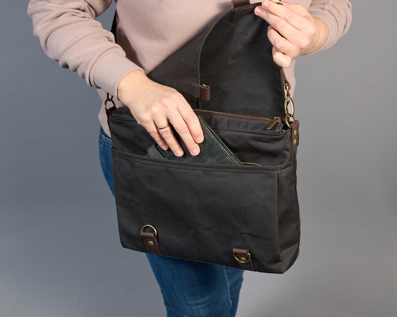 Dark grey waxed canvas messenger bag. Zip water resistant canvas and leather crossbody bag for laptop. Personalized Commuting Shoulder Bag. image 9