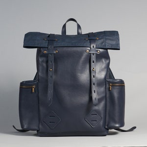 Navy blue leather and waxed canvas roll top backpack. Personalized rolltop leather rucksack for men and women. Unisex Commuter leather bag