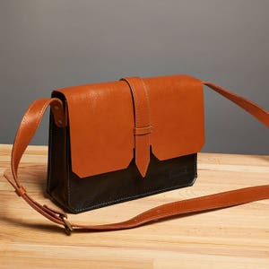 Leather crossbody bag / Orange black leather messenger bag / Leather shoulder bag / leather bag image 1