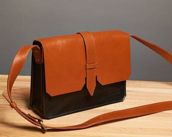 Leather crossbody bag / Orange black leather messenger bag / Leather shoulder bag / leather bag
