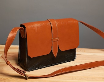 Leather crossbody bag / Orange black leather messenger bag / Leather shoulder bag / leather bag