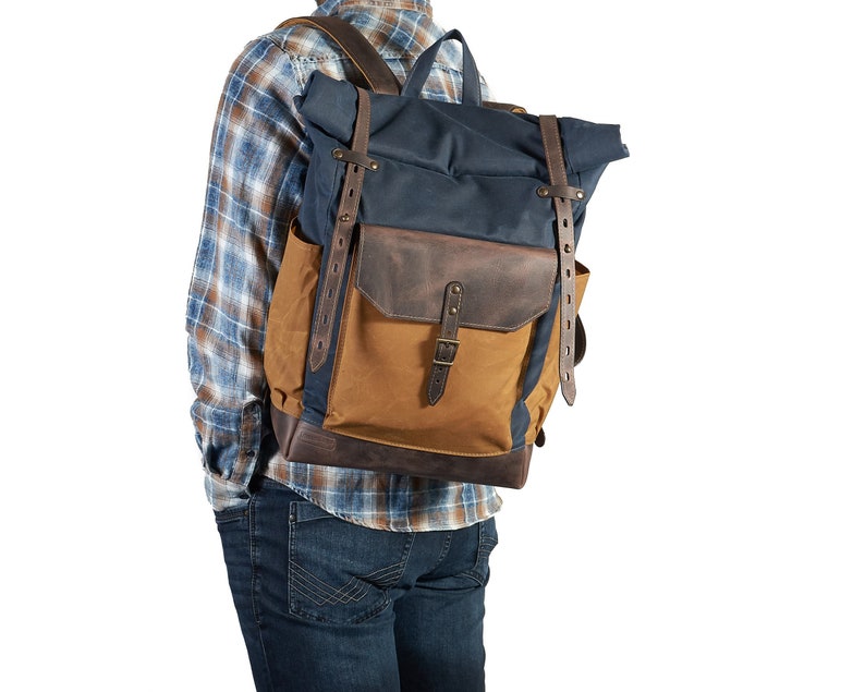 Waxed Canvas Backpack. Navy Blue and Yellow Canvas Brown Etsy