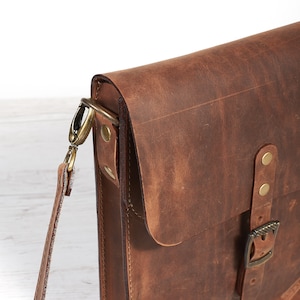 Mens leather shoulder bag. Small leather crossbody bag for tablet. Brown leather saddle bag. Personalized gift image 6