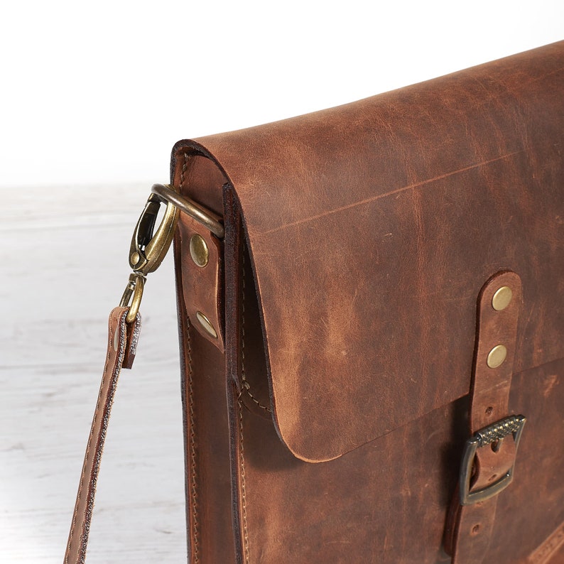 Mens leather shoulder bag. Small leather crossbody bag for tablet. Brown leather saddle bag. Personalized gift image 6