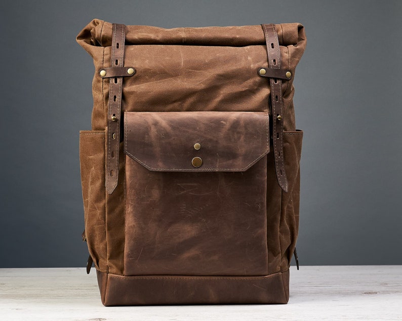 Waxed canvas backpack for laptop. Tan canvas and cognac leather. Customizable leather canvas roll top rucksack. Free personalization. image 2