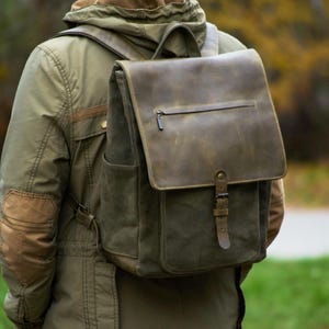 Olive waxed canvas and leather backpack with flap closure. Handmade laptop backpack. Personalized Canvas rucksack for college, work, travel