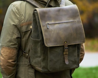 Olive waxed canvas and leather backpack with flap closure. Handmade laptop backpack. Personalized Canvas rucksack for college, work, travel