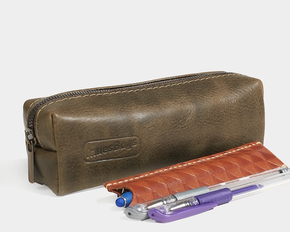 Leather Pencil Case With Metal Zipper. Personalized Leather
