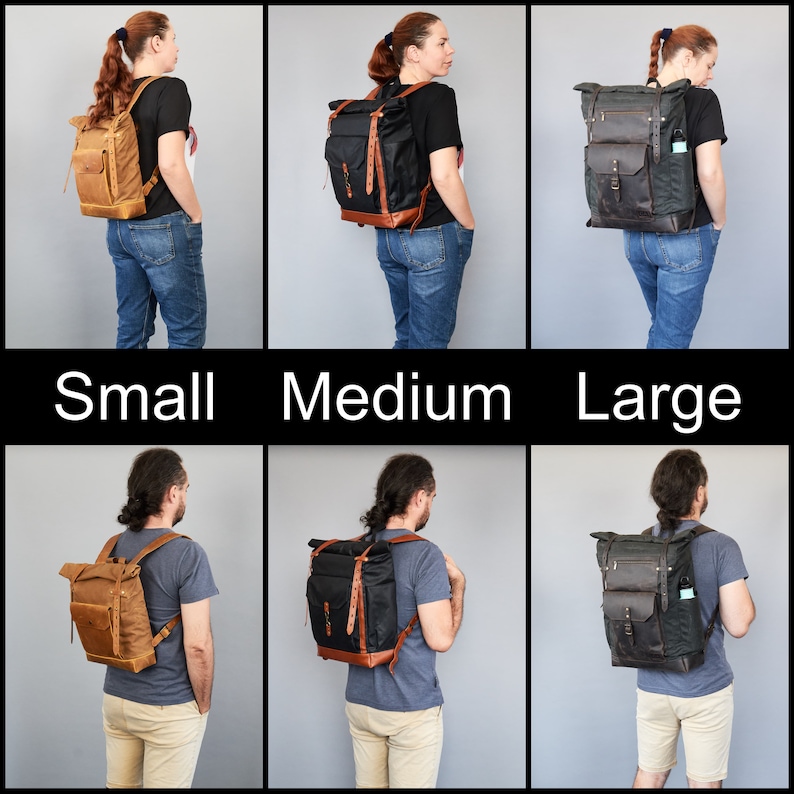 Op de afbeelding: Drie canvas rugzakken in verschillende maten: klein, medium en groot. De rugzakken zijn bruin, zwart en donkergroen. Elke rugzak heeft een roll-top sluiting, leren banden en een voorvak.