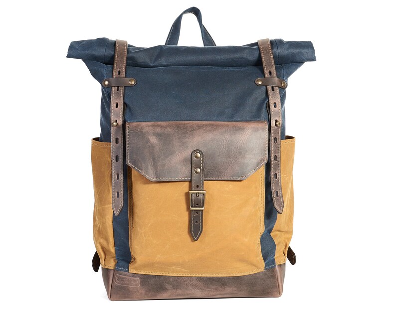 Waxed Canvas Backpack. Navy Blue and Yellow Canvas Brown Etsy