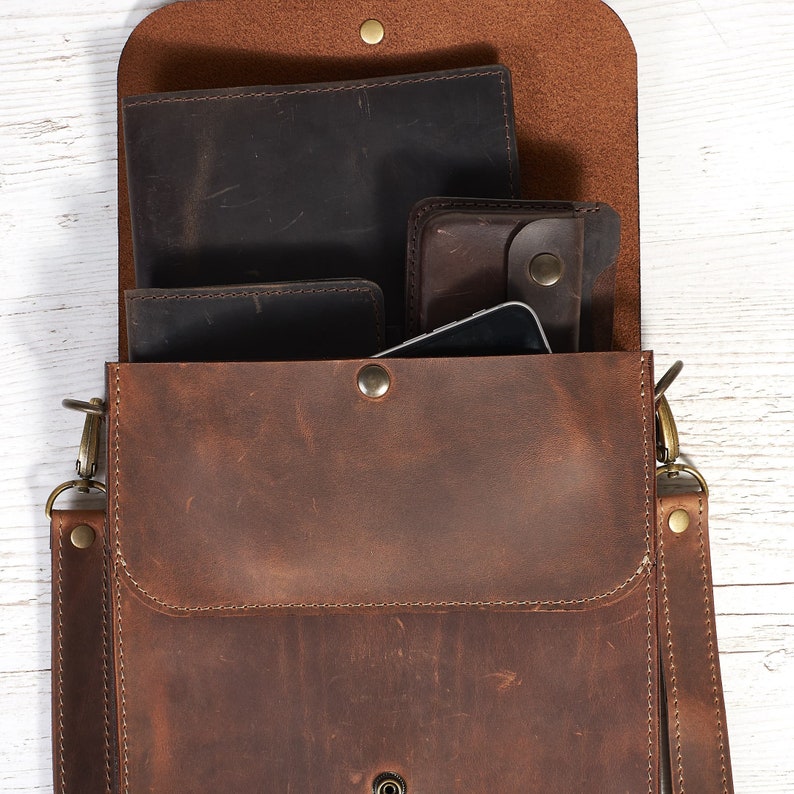 Mens leather shoulder bag. Small leather crossbody bag for tablet. Brown leather saddle bag. Personalized gift image 8