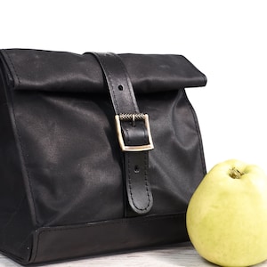 Lunchtas voor dames/heren. Zwarte lunchtas. Lunchtrommel van gewaxt canvas leer. Gepersonaliseerde tas. Milieuvriendelijke tas