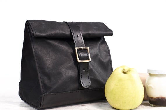 Lunch bag for women / men. Black lunch bag. Waxed canvas leather lunch box. Personalized bag. Eco friendly bag