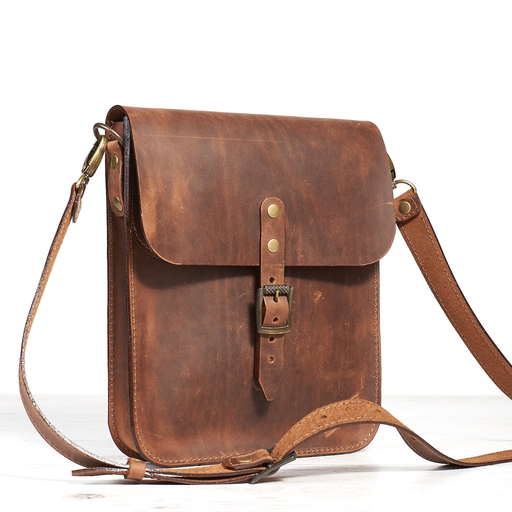 Mens Leather Shoulder Bag. Small Leather Crossbody Bag for Tablet. Brown Leather Saddle Bag. Personalized Gift