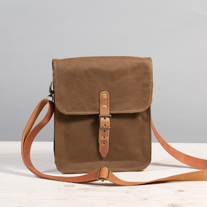 Mens waxed canvas crossbody bag. Small tablet waterproof bag. Customized brown canvas shoulder bag. Personalized gift.