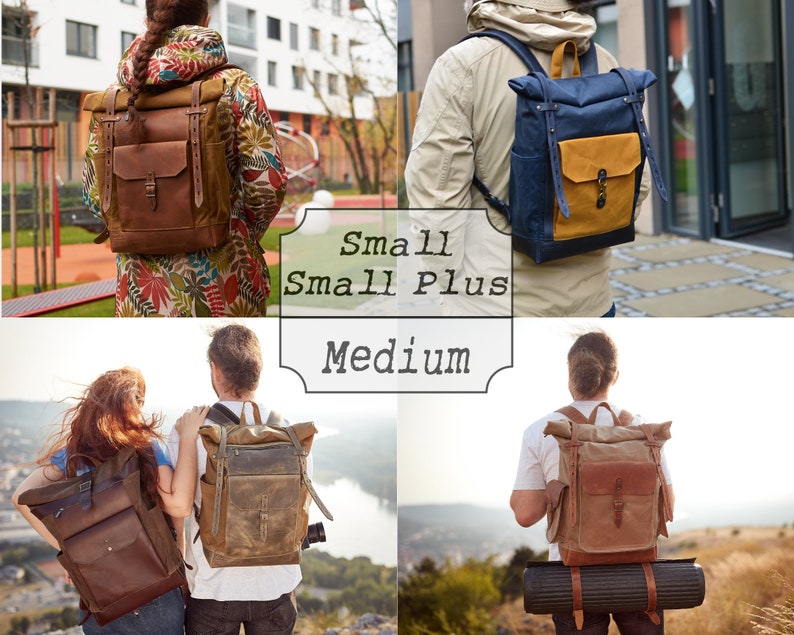 Rucksack aus gewachstem Canvas. Personalisierbarer marineblauer und gelber Canvas, brauner Lederrucksack. Pendler-Laptop-Rucksack mit Rollverschluss. Bild 7